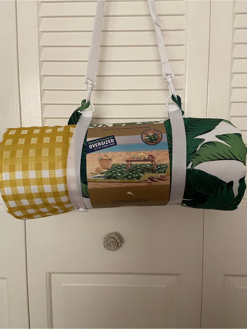 Tommy Bahama Yellow Gingham and Green Palm Oversized Beach Blanket
